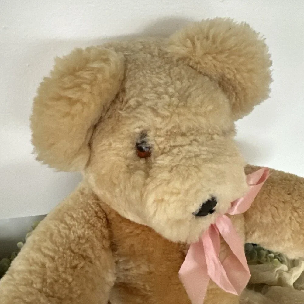 19” Vintage Petkin Jointed Teddy Bear Growler England Leather Nose‎ Blonde Soft